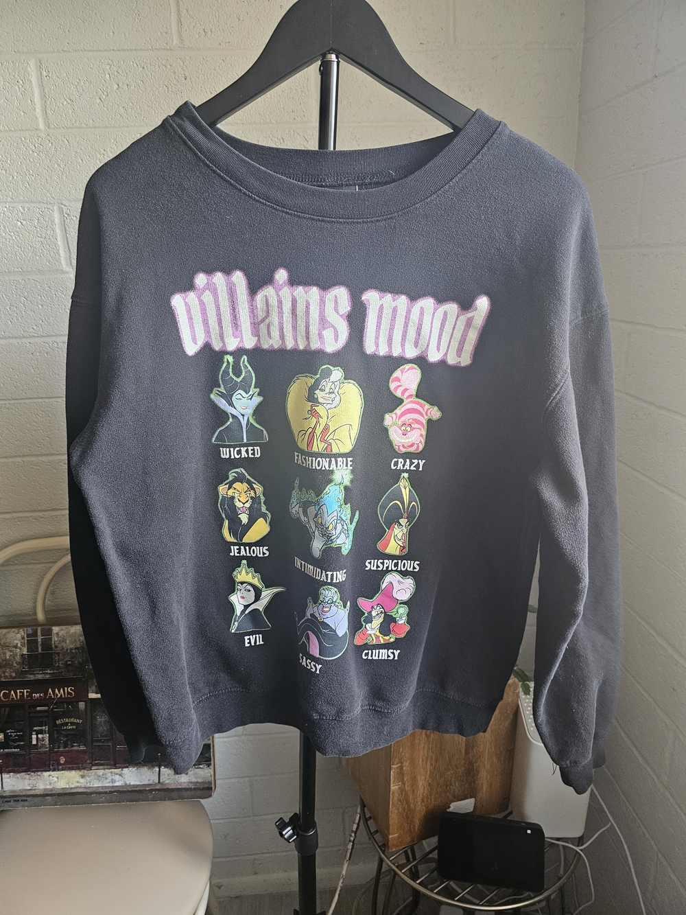 Disney Villains Mood Sweatshirt Women's Gray Graphic Crewneck Maleficent Ursula
